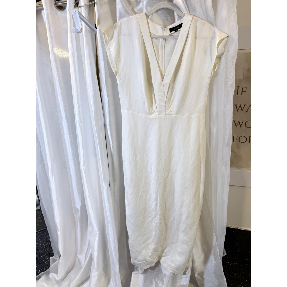 Bardot Midi Dress Women 10 White Excellent Linen Blend V-Neck‎ Cap Sleeve